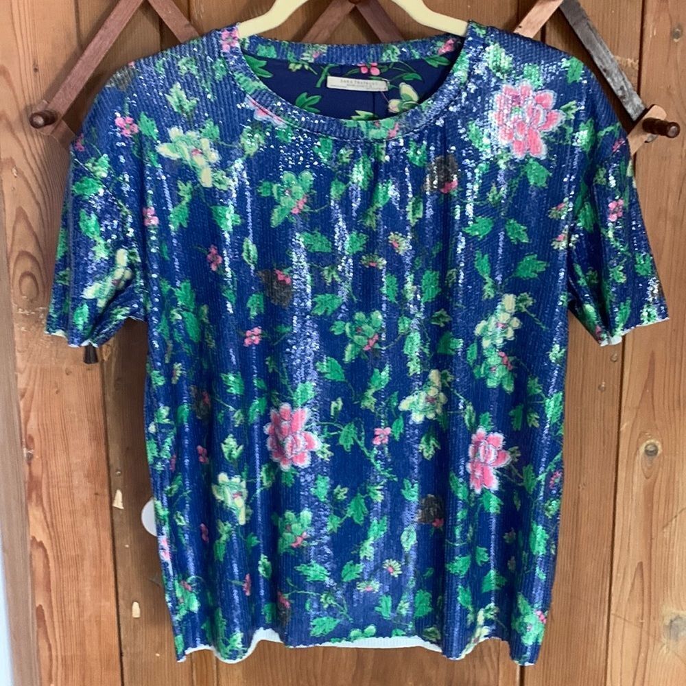 Zara blue floral sequin short sleeve top NWT